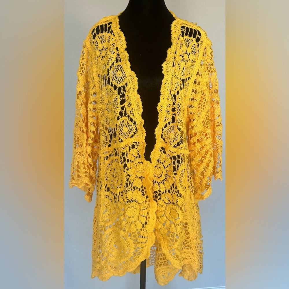 Nina Leonard Women's Bell Sleeve Crochet Cardigan Marigold Size XL Petite
